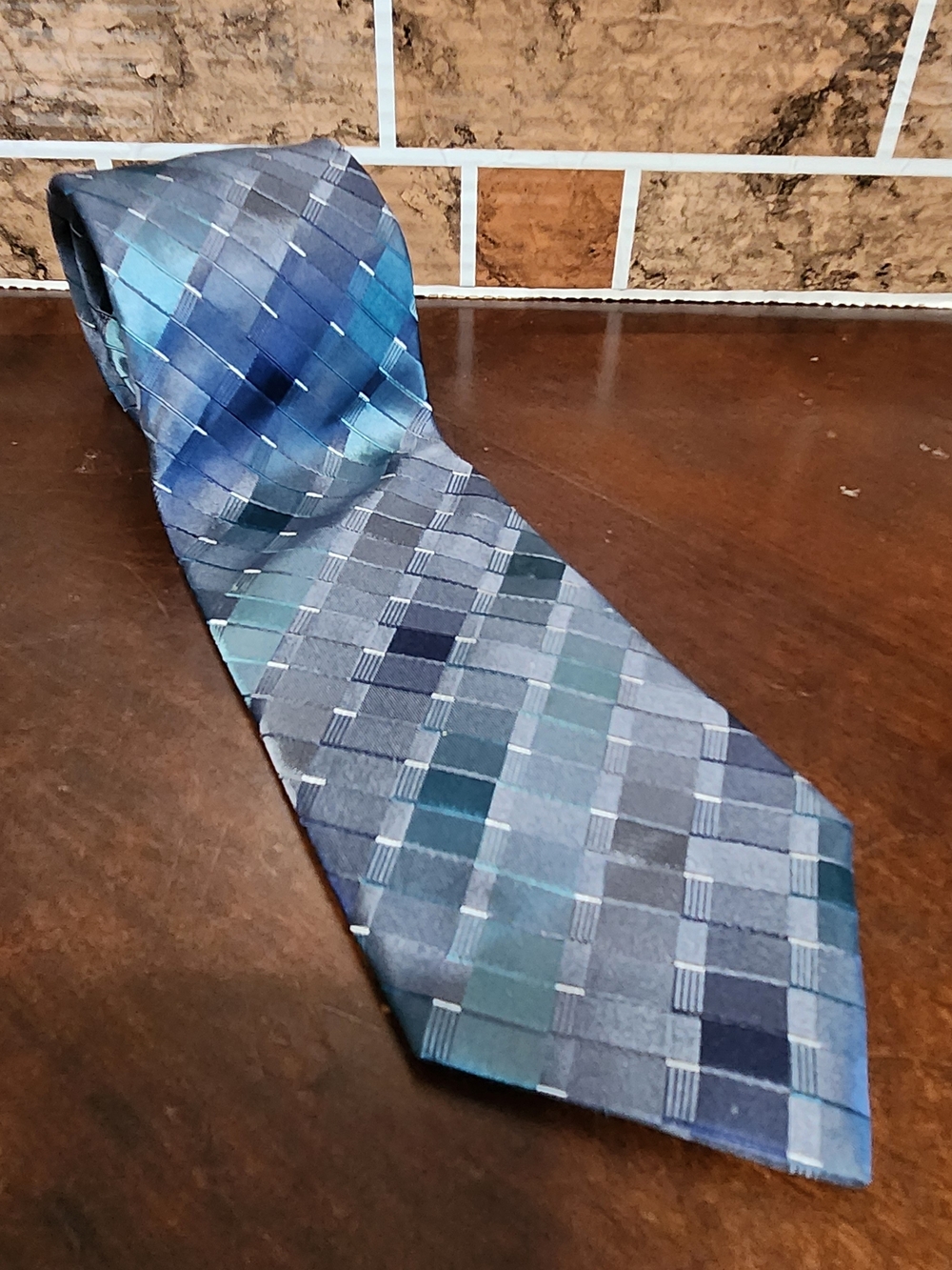Kenneth Cole Reaction Blue and Teal Checkered Silk Tie